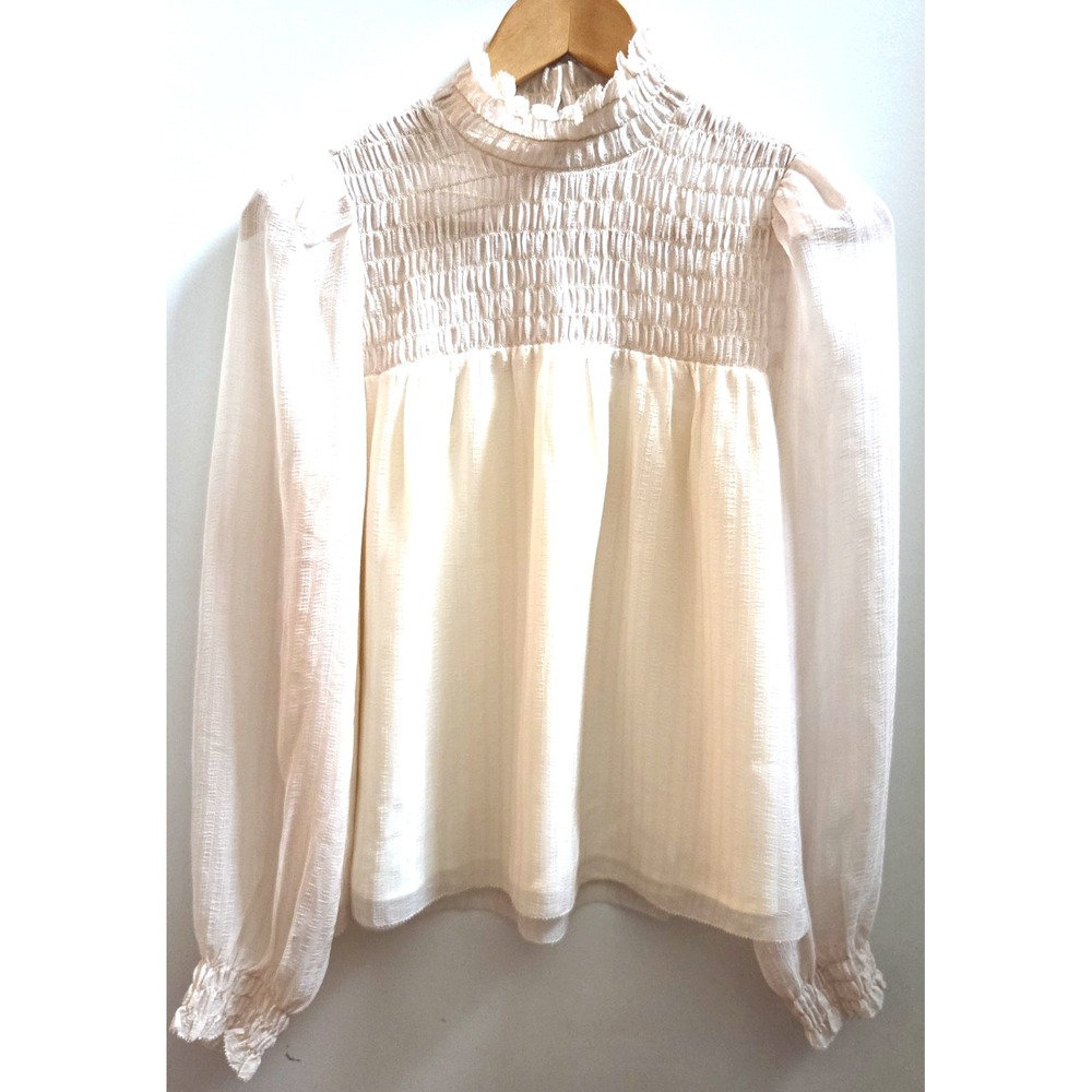 Reformation Blouse S Cream Smocked High MockNeck Lined Ruffle Sleeve Button Back